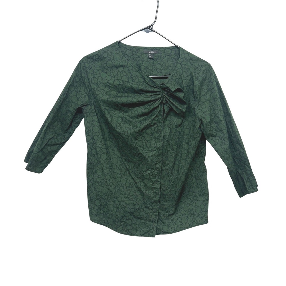 COS Sculptural Bow Front Blouse Green Print‎ Cotton US 4 Minimalist Modernist